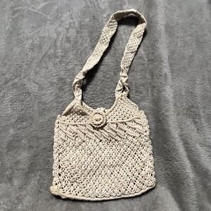 Vintage Handmade Macrame Crochet Bag with 2 Handles Boho Chic Cream Bag Woven